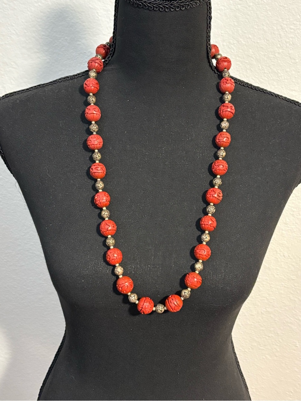 Vintage Asian Carved Red Cinnabar Beaded Necklace 30”